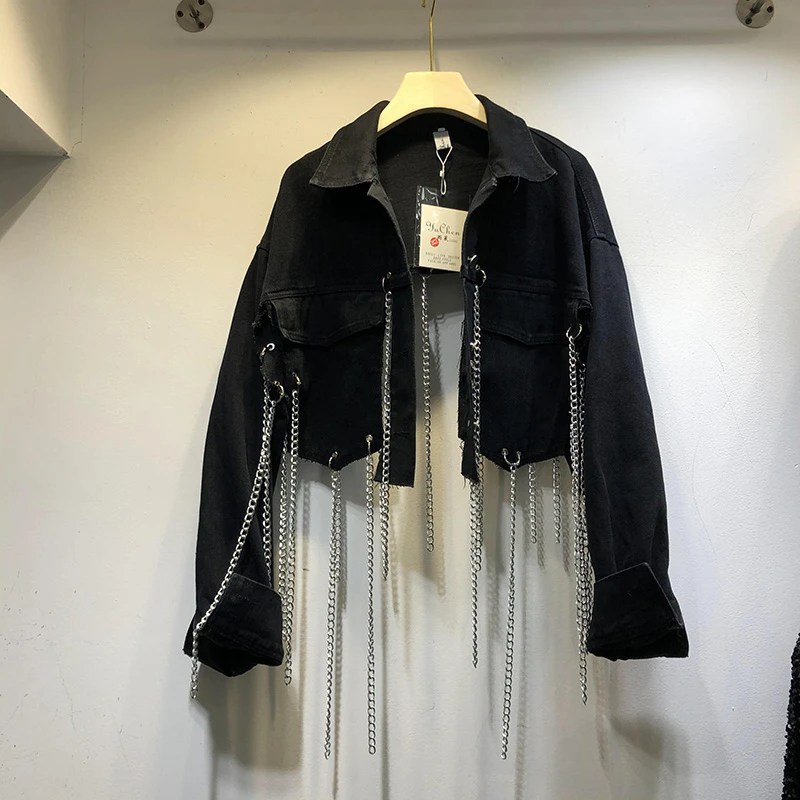 black oversized cropped denim jacket