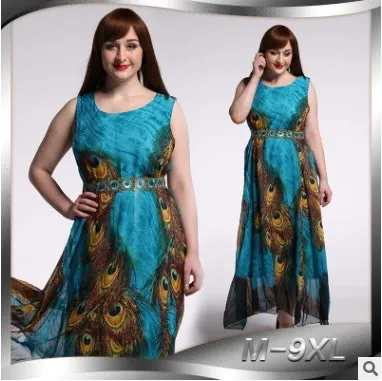 Retro Vintage Sleeveless Women Print Dress 2020 Summer Bohemian Maxi Long Beach Plus Size 9XL Chiffon HJ359 | Женская одежда