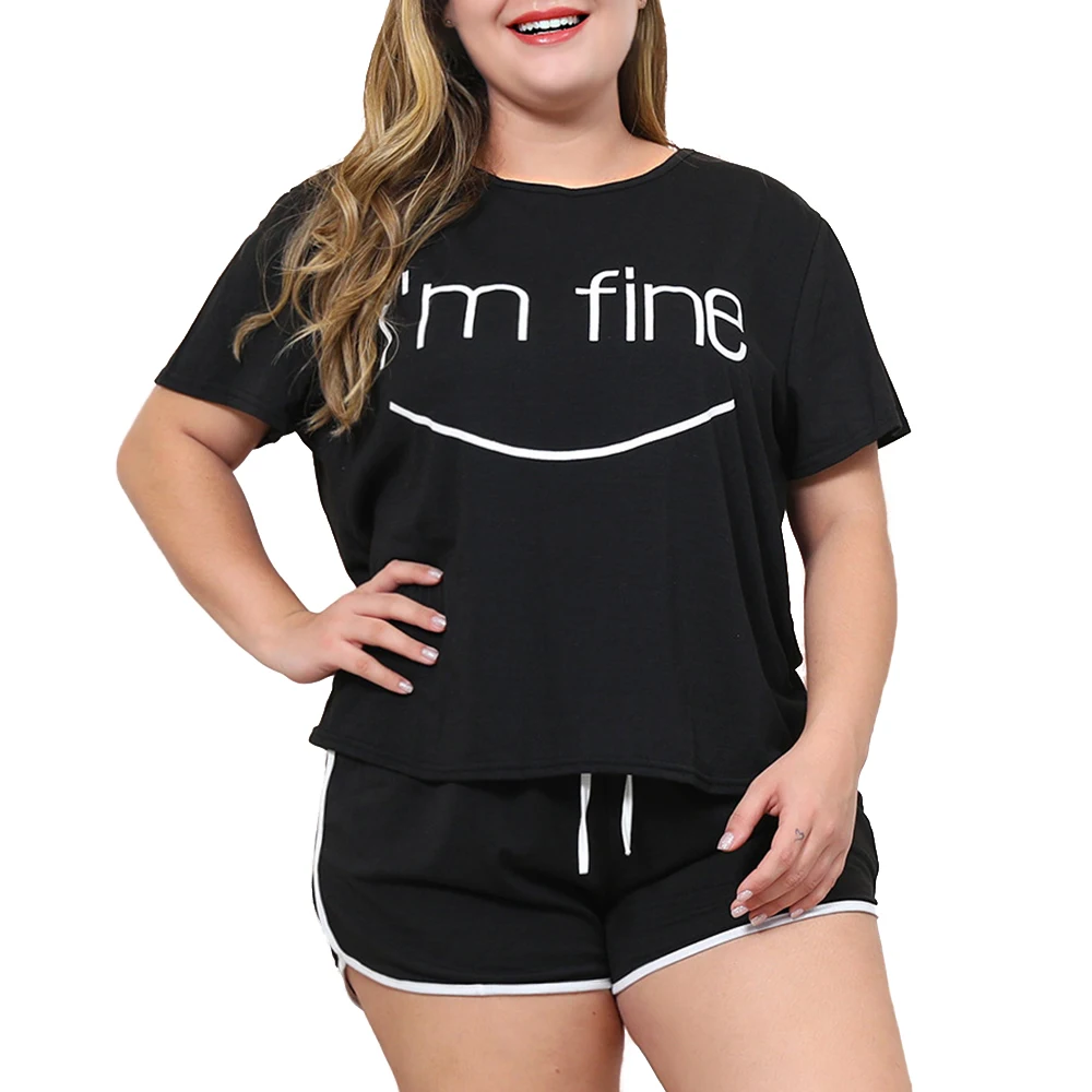 

4XL Plus Size Women Clothes Two Piece Set Letter Printed Short Sleeve Tops And Short Pant Summer Tracksuit Woman Outfits D30