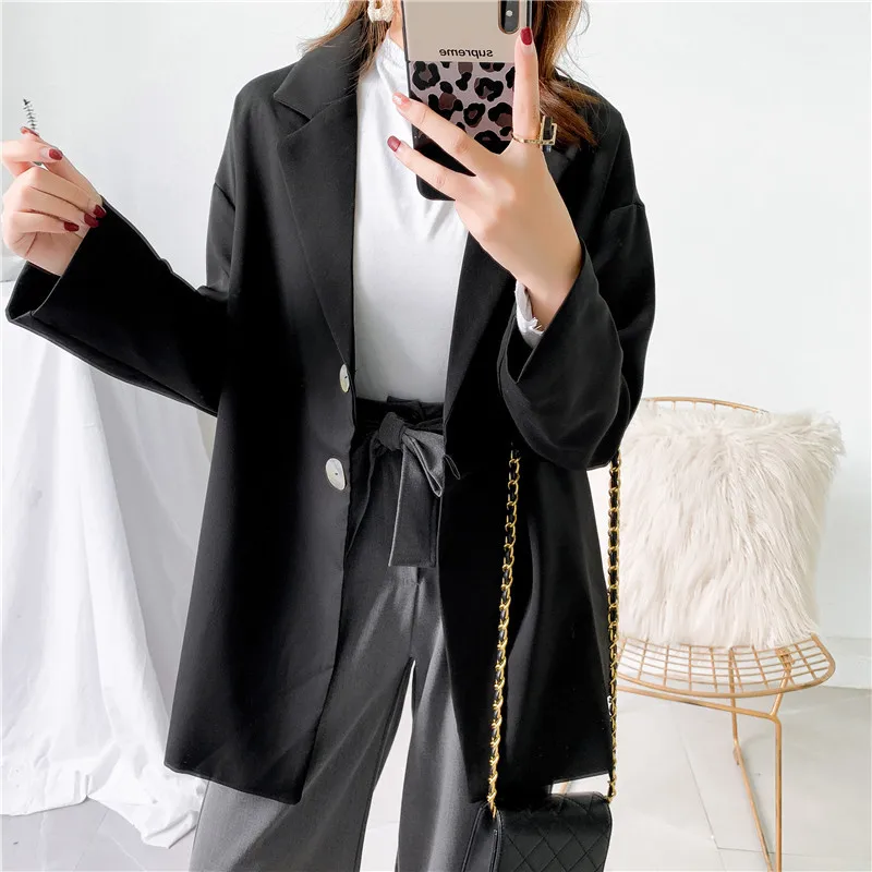 [DEAT] Women Black Solid Color Button Blazer New Lapel Long Sleeve Loose Fit Jacket Fashion Tide Spring Autumn 13E475