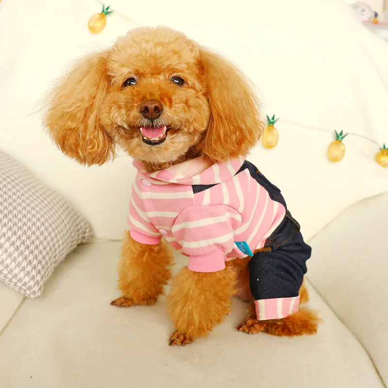 Демисезонная одежда для домашних животных джинсы для собак с капюшоном джинсовая одежда комбинезон Комбинезоны Одежда для собак уплотненная куртка в полоску для домашних животных