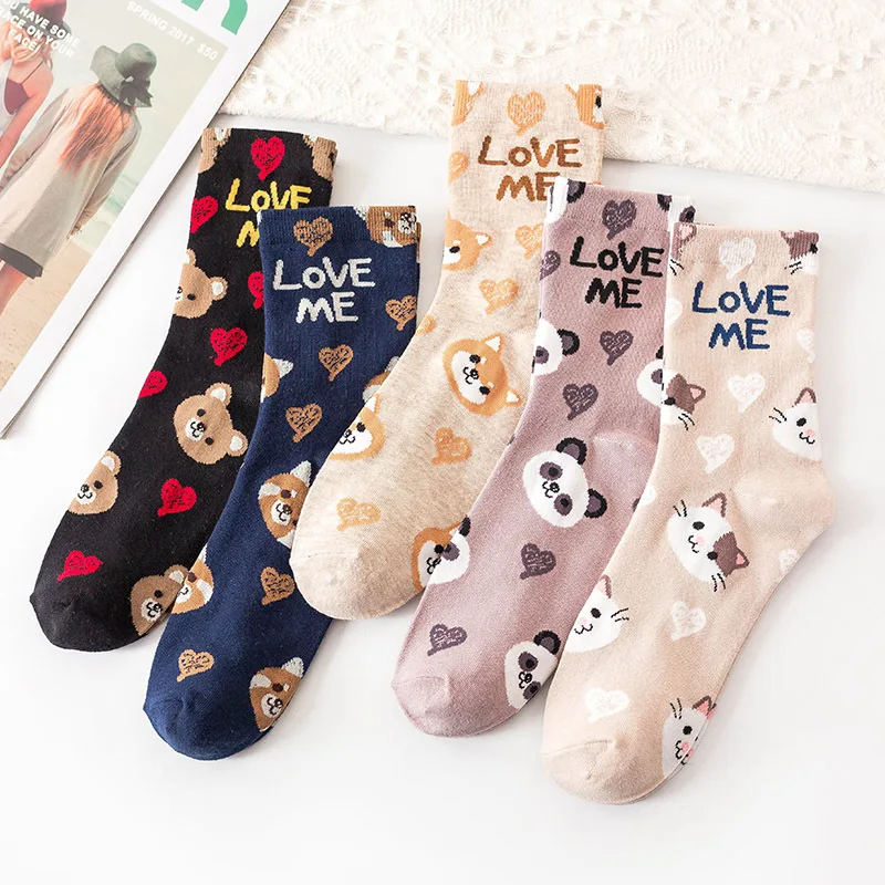 5 Pairs Cartoon Animal Print Socks Women Harajuku Kawaii Breathable Letter Socks Female Cute Cat Panda Dog Cotton Woman Socks