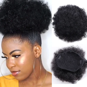8inch Short Afro Puff Synthetic Hair Bun Chignon Hairpiece For Women Drawstring Ponytail Kinky Curly Updo Clip Hair Extensions 1