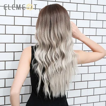Element Synthetic Dark Root Light Brown Ombre Grey Long Wavy Hair Wigs Center Part Cosplay Costume Wig for White Black Women 4