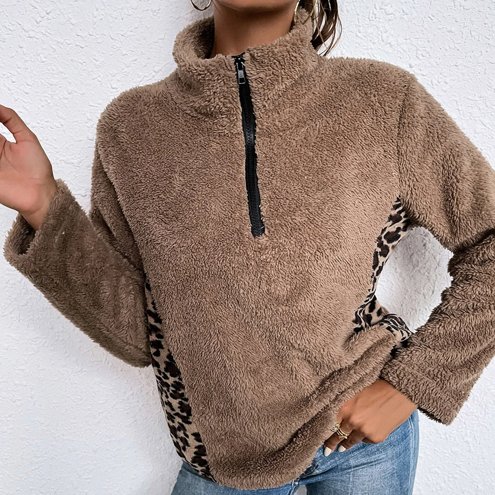 Vintage Streetwear Coat Women Fashion Leopard Patchwork Turtleneck Zippe Long Sleeve Sweatshirt Winter Warm Outerwear 2021 1