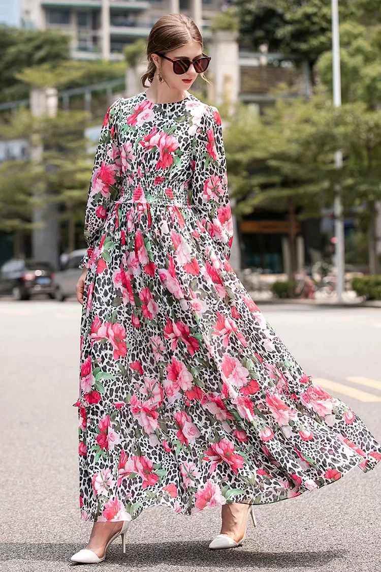 AELESEEN/ Новые Модные осенние леопардовые платья для женщин, элегантное платье с рукавами-лепестками и эластичной резинкой на талии, винтажное длинное платье с цветочным принтом розы