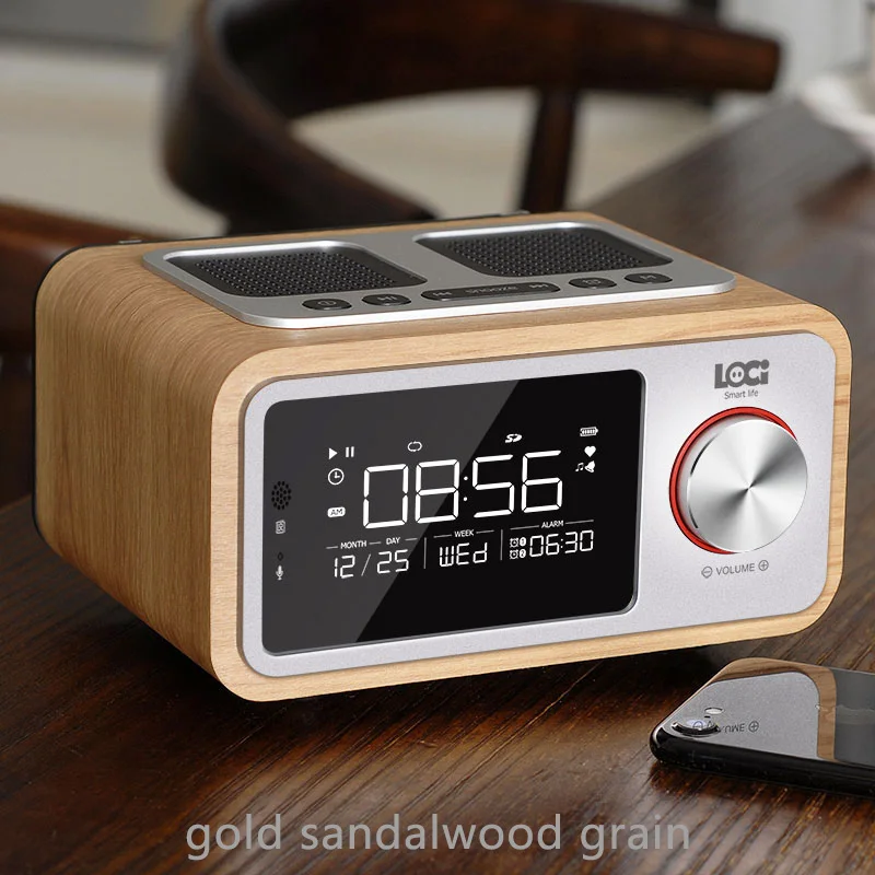 Sandalwood Grain Ретро беспроводной Bluetooth динамик маленький деревянный портативный 6 Вт домашний светодиодный экран Будильник fm-радио стерео громкий динамик бас сабвуфер - Color: Sandalwood Grain
