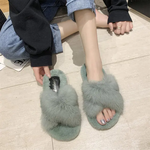 Real Rabbit Fur Slides Cross Band Flat Sandals Indoor Flip Flops Plush Furry