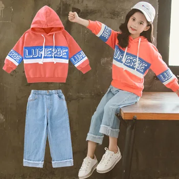 

Spring 2020 Kids Girls Clothes Set Hooded Sweatshirt & Loose Jeans Pants 10 12 Y 2Pcs Suits Teenage Tracksuits Children Clothing