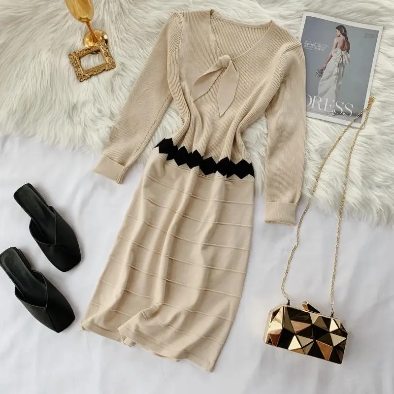 

Vintage V Neck Slim Autumn Winter Bow Knit Sweater Mini Short Dress Party Elastic Women Casual Warm Long Sleeve Thin Vestidos