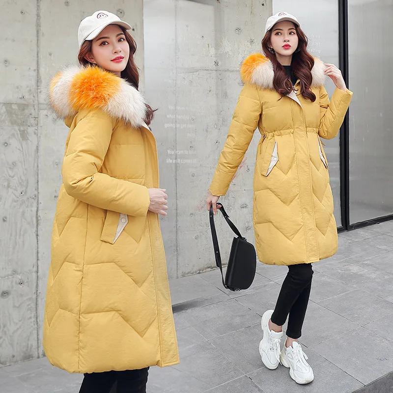 

2019 Winter New Style Korean-style Drawstring Artificial Fur Collar Hooded Mid-length down Jacket Cotton-padded Clothes Thick Co