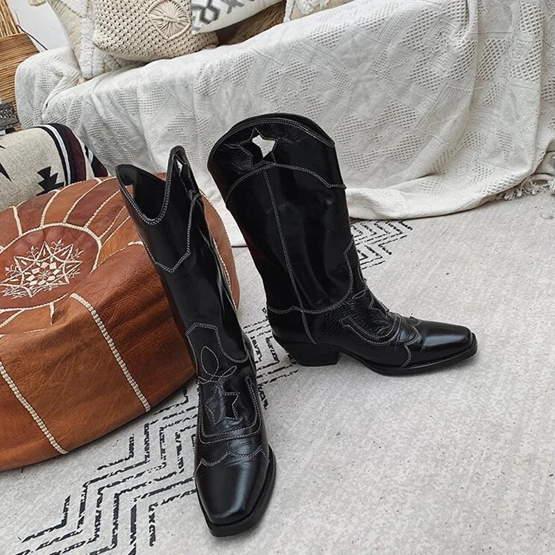 

Черные лакированные кожаные длинные рыцарские сапоги, ковбойские сапоги в западном стиле с вышивкой, популярная женская обувь