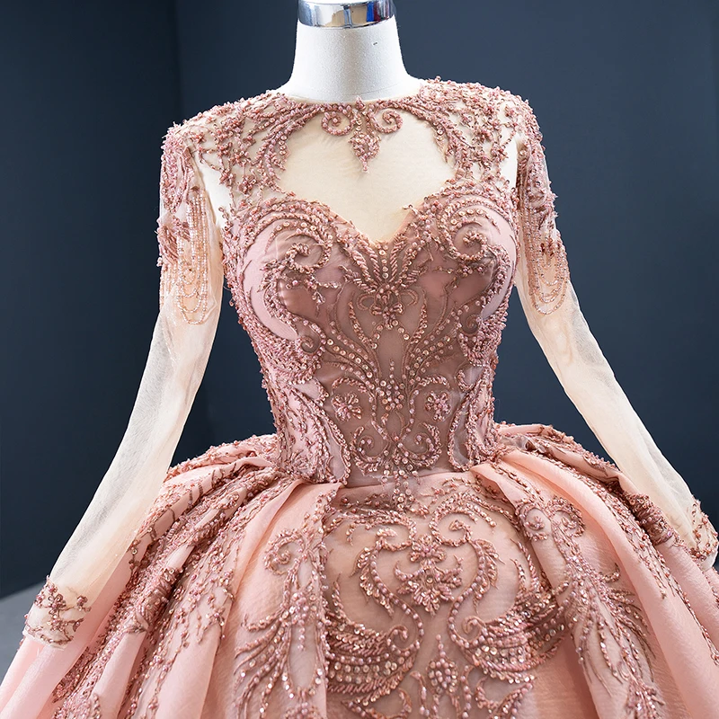 J67160 Sweet Peach Colour Evening Dress 2020 Sequined Lace Up Back Beading Sweetheart Long Sleeve robe mariage femme 2020 5