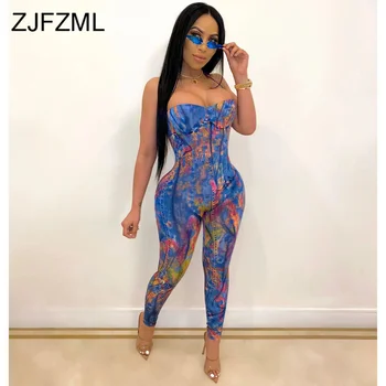 

Colorful Tie Dyeing Sexy Bodycon Overalls for Women Cross Backless Bandage Party Club Jumpsuit Halter Skinny One Piece Rompers