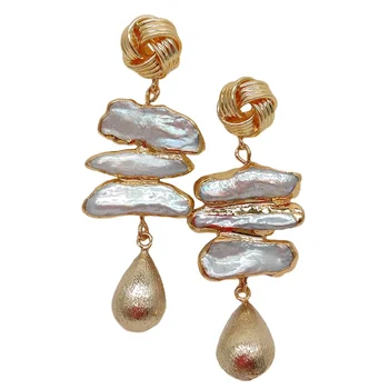 

Freshwater White Biwa Pearl 24 K Gold Plated Drop Stud Earrings