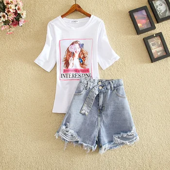 

2020 summer new women shorts sets printed girl t-shirts and denin high waist button shorts casual lady elegant shorts suits tops