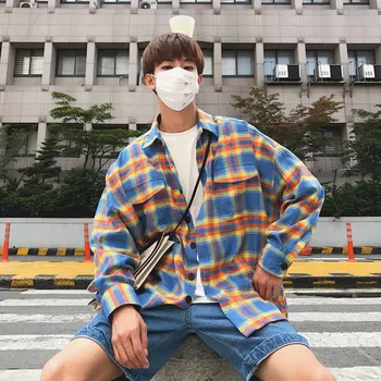 

Hip Hop Plaid Shirt Spring Casual Long Sleeve Soft Cotton Japanese Harajuku Vintage Aytumn Patchwork Shirts Streetwear Men Women