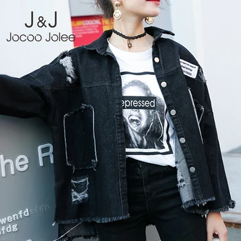 

Jocoo Jolee Women Fashion Black Loose Denim Jackets Autumn Patch Jean Coats Korean Harajuku Coats Streetwear All-match Jackets