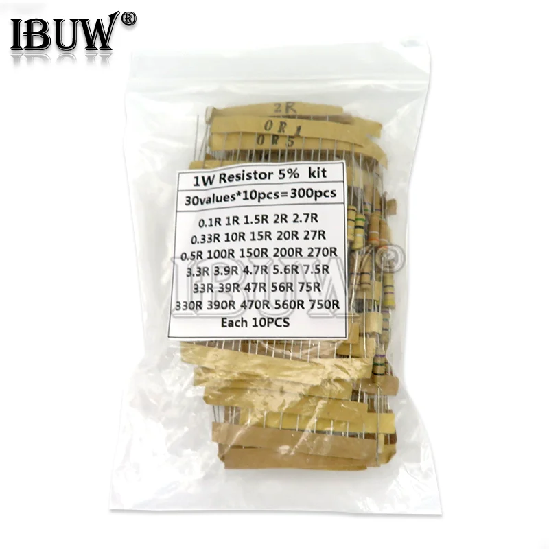 150PCS 300PCS Resistor Kit 1W 2W 3W 5W 5% 30values X 10PCS Carbon Film Resistance 0.1-750 ohm Set 1k-820K 30values X 5PCS