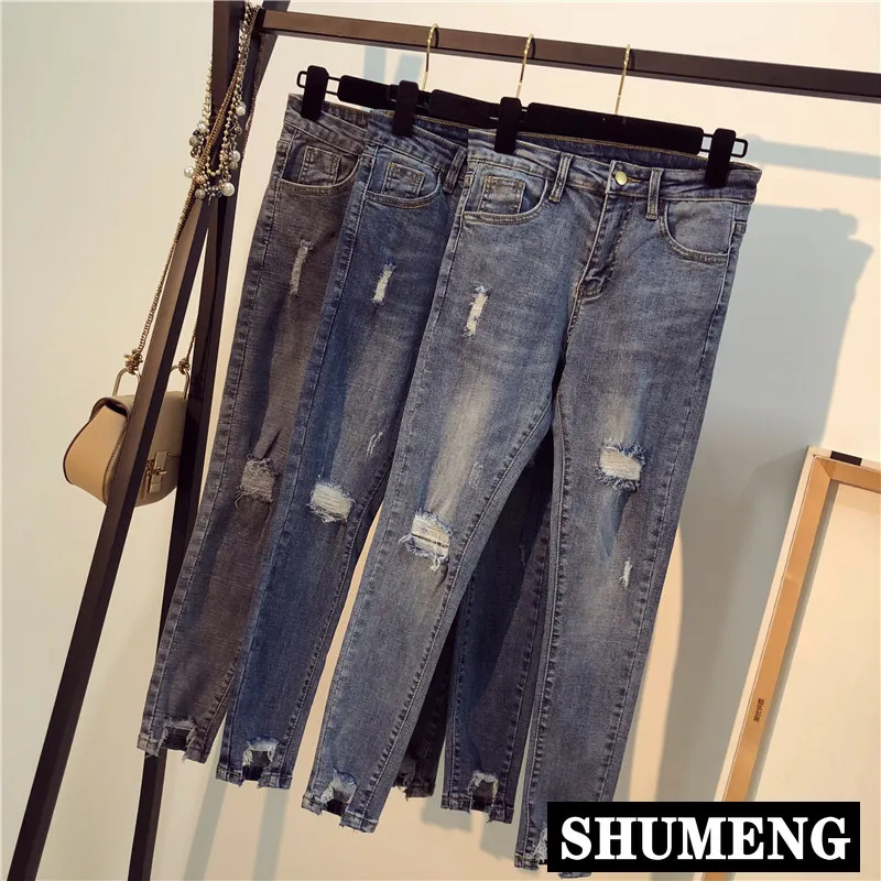 

Large Size Women Pants Spring and Autumn Lady's High Waist Hole Jeans Trousers Slim Skinny Women Denim Pencil Pants