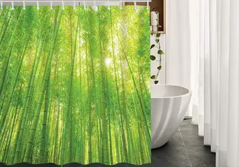 

Zen Green Bamboo Green Shower Curtain Waterproof Bathroom Decor Polyester Fabric Curtain Sets Hooks