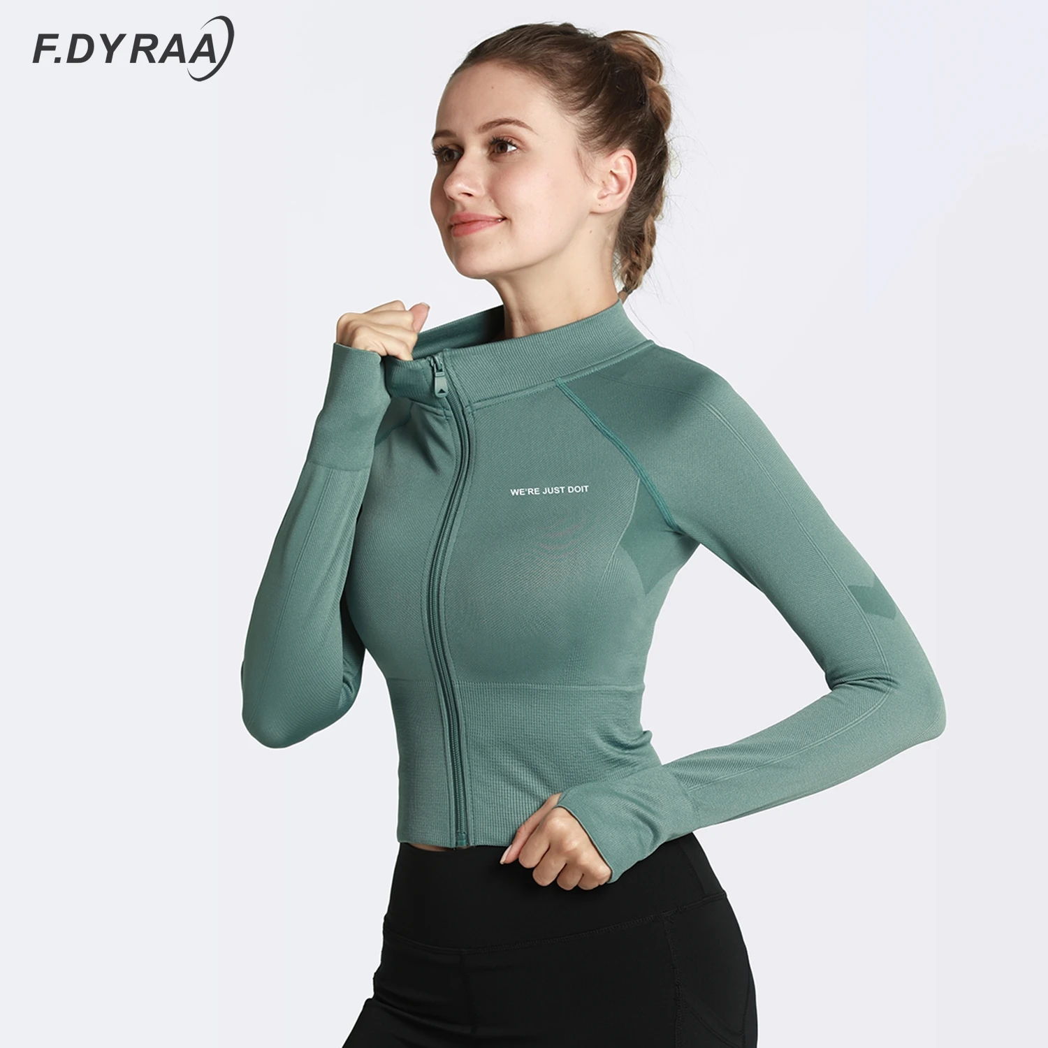 F.DYRAA-chaqueta deportiva para mujer, abrigo de Yoga con cremallera, ropa de secado rápido para Fitness, abrigo para correr, ropa deportiva con orificio para el pulgar, chaqueta de entrenamiento para gimnasio