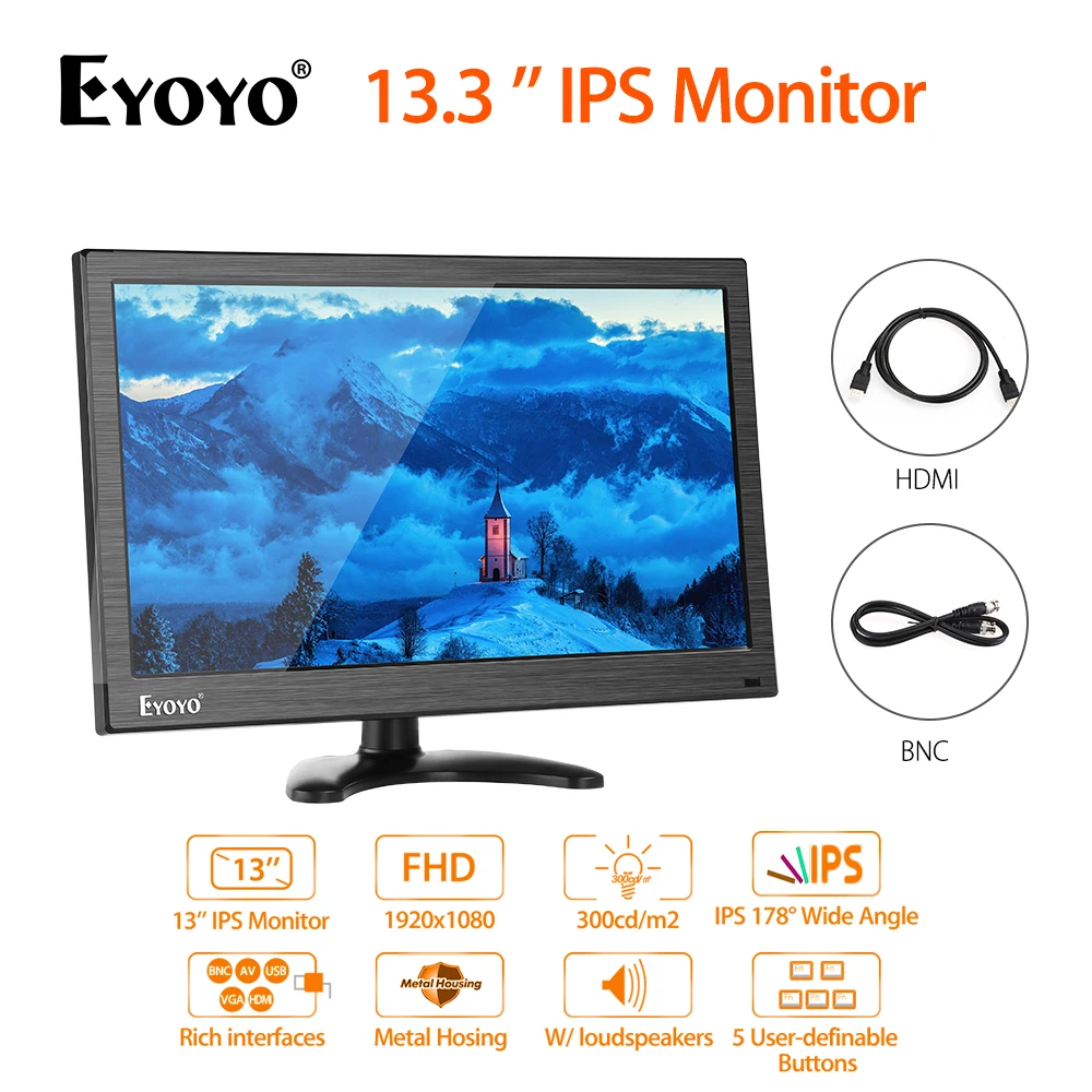 Eyoyo EM13 13.3'' BNC FHD 1080P LCD monitor IPS industrial metal Computer HDMI display With VGA BNC USB For CCTV Security Screen