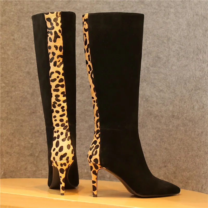 Новые сексуальные ретро сапоги на высоком каблуке женские тонком с леопардовым