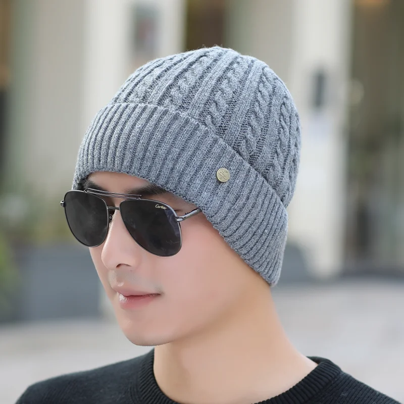Бренд HANGYUNXUNHAO Skullies Beanies, мужские зимние шапки для мужчин, шарф, вязаная шапка, Beany, зимняя шапка, мужская шапка Gorro - Цвет: Hat gray