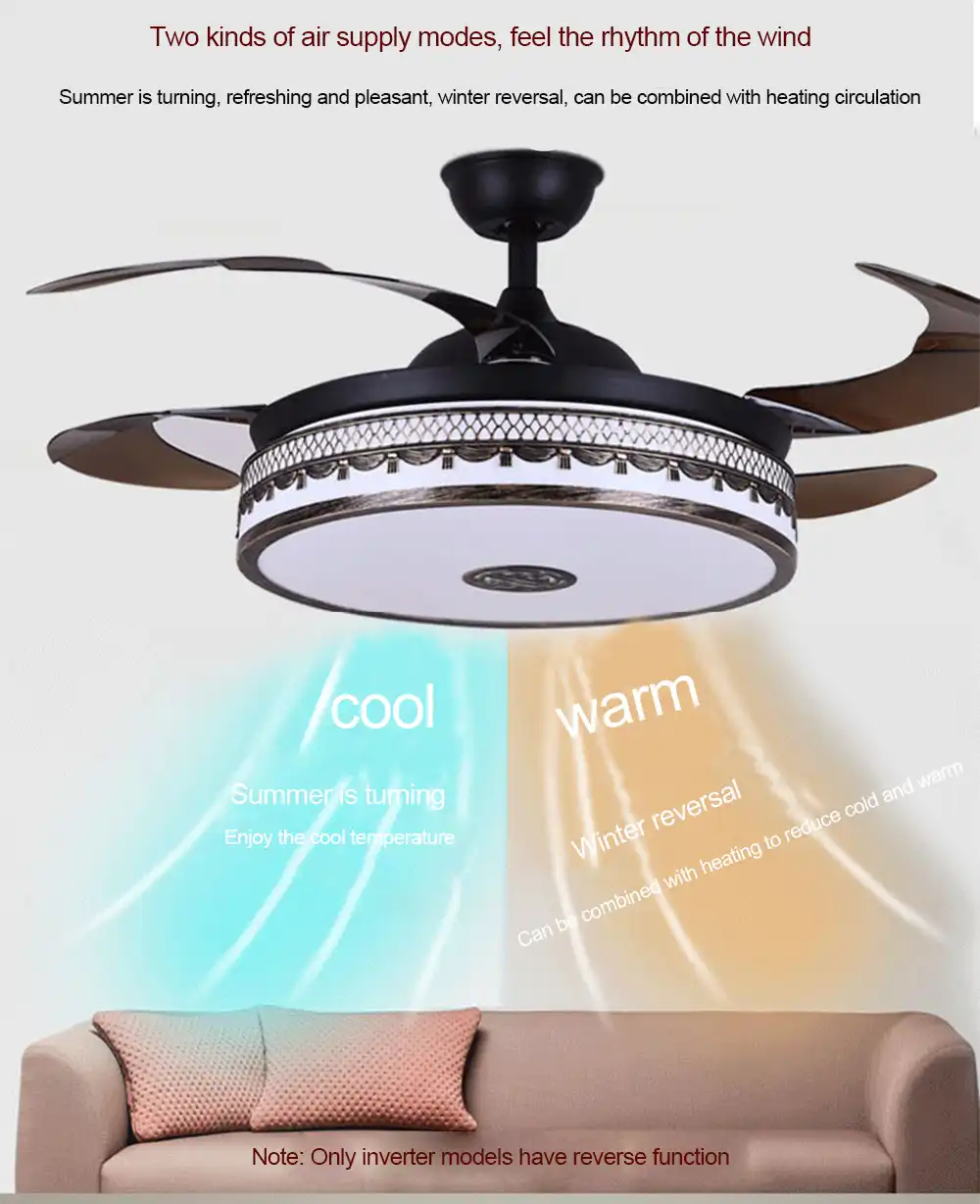 Led Ceiling Fan Lamp With Light 42 Inch Bluetooth Stereo Remote Control Chinese Style Bladeless Silent For Bedroom Living Room