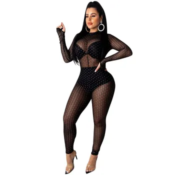 

Adogirl Gilding Sheer Mesh Jumpsuit O Neck Long Finger Sleeve Skinny Romper Women Sexy Night Club Overalls Fashion Bodysuits
