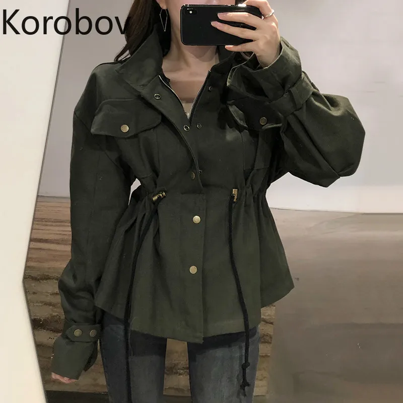 

Korobov Korean Vintage Women Jackets High Street Pockets Drawstring Adjustable Slim Coat Stand Collar Safari Style Jacket 78940