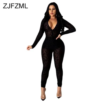 

Sexy Print Mesh Rompers Womens Jumpsuit Deep V-Neck Perspective Bandage Bodysuit Party Clubwear Long Sleeve Skinny Black Overall