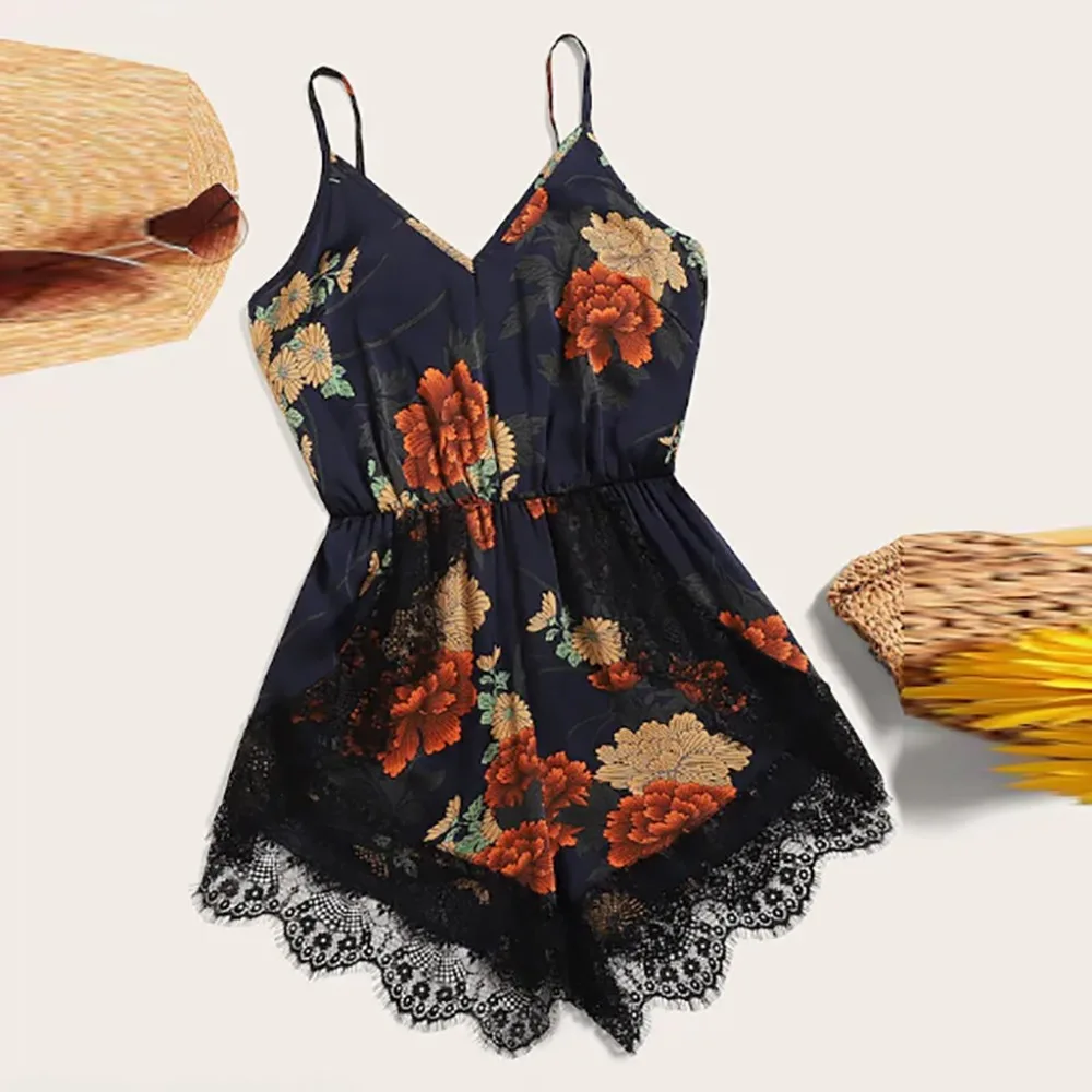 New Arrival 2019 Sexy Silk Flower Print Bodysuit Women Summer Lace V Neck Spaghetti Strap Club Bodysuits Fashion Body Top