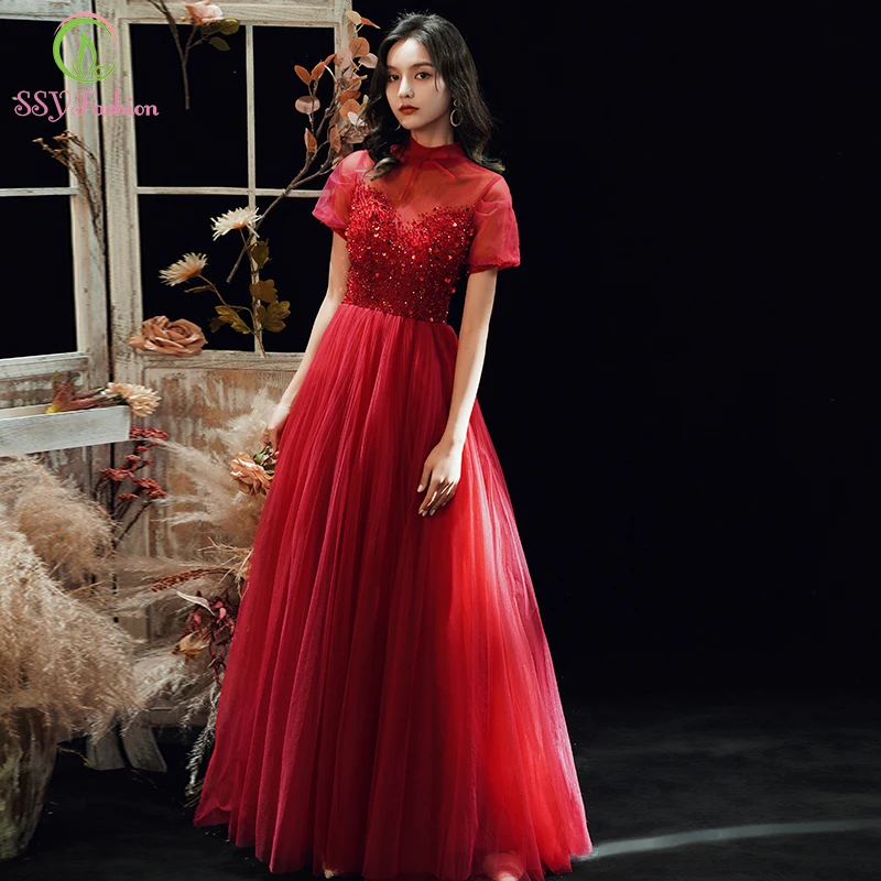 SSYFashion новинка красное вино вечернее платье для банкета элегантное с высоким