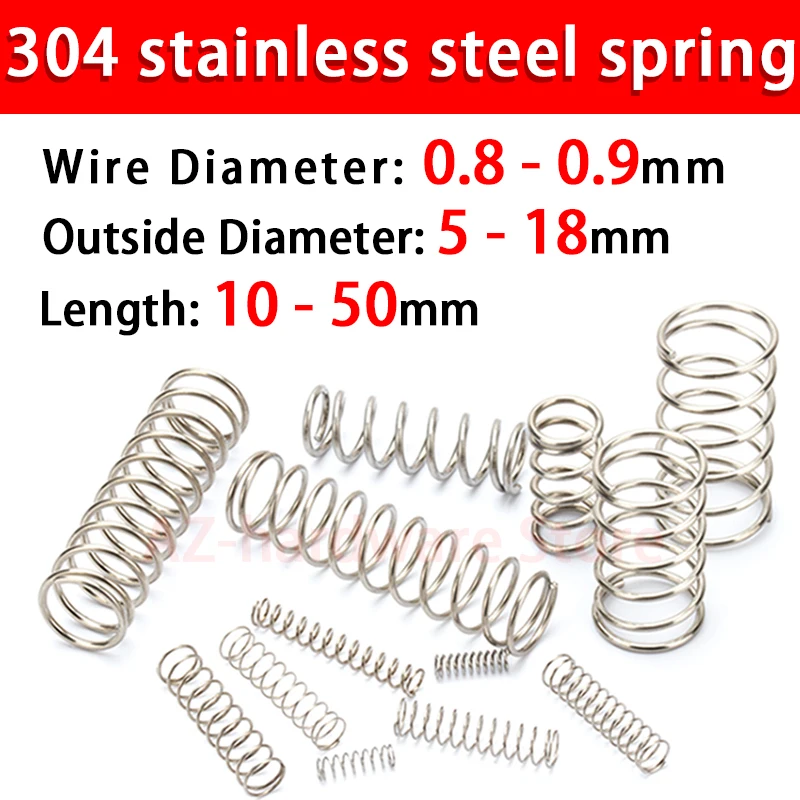 304 Stainless Steel Compression Spring Return Spring Steel Wire Diameter 0.8~0.9mm Outside Diameter 5~18mm  10 Pcs