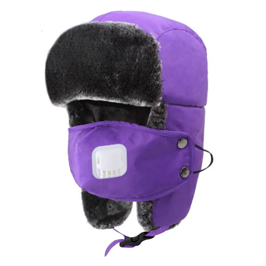 Зимняя утолщенная шапка унисекс для катания на лыжах, охотничья шапка для мужчин и женщин, теплая шапка с ушками, хлопковая шапка для взрослых и детей, бархатная теплая шапка для улицы - Цвет: adult Purple