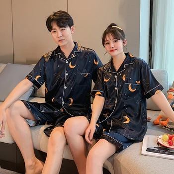 

Blue Fashion Casual Pajamas Set for Couple Imitated Silk Satin Turn Down Collar Short Sleeve tops+shorts Men and Women sleepwear