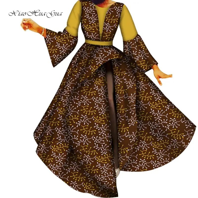 Fashion Patchwork Flare Sleeve Long Dress Bazin Riche African Print Dresses for Women Party Vestidos African Clothing WY5643