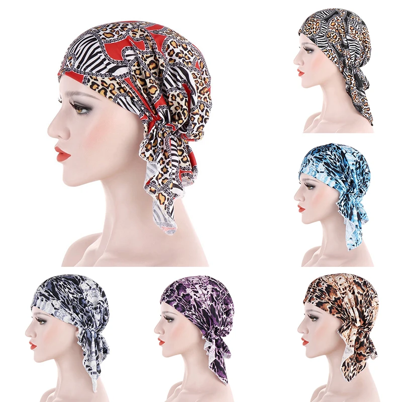 1Pcs Elastic Turban Hat Women Leopard Print Head Wrap Female Chemo Caps Fashion Ruffle Beanie Cap Soft Muslim Bandana Headwear |