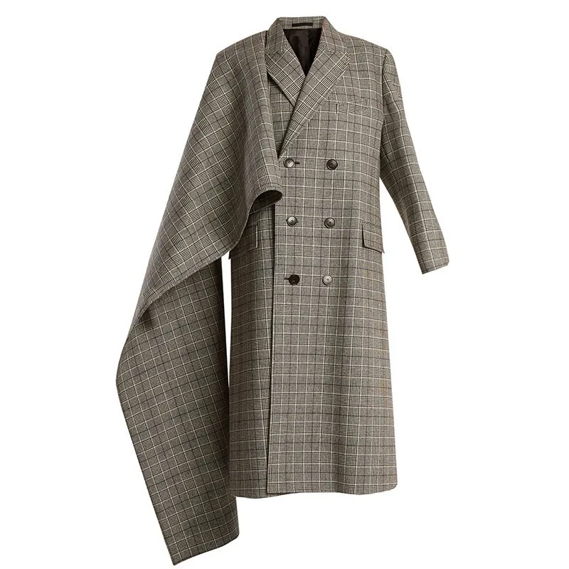

Fashion Tide New Spring Women Design Jacket Fashion European Plaided Double Breasted Personal Plaid Patchwrok Long Coat WB771