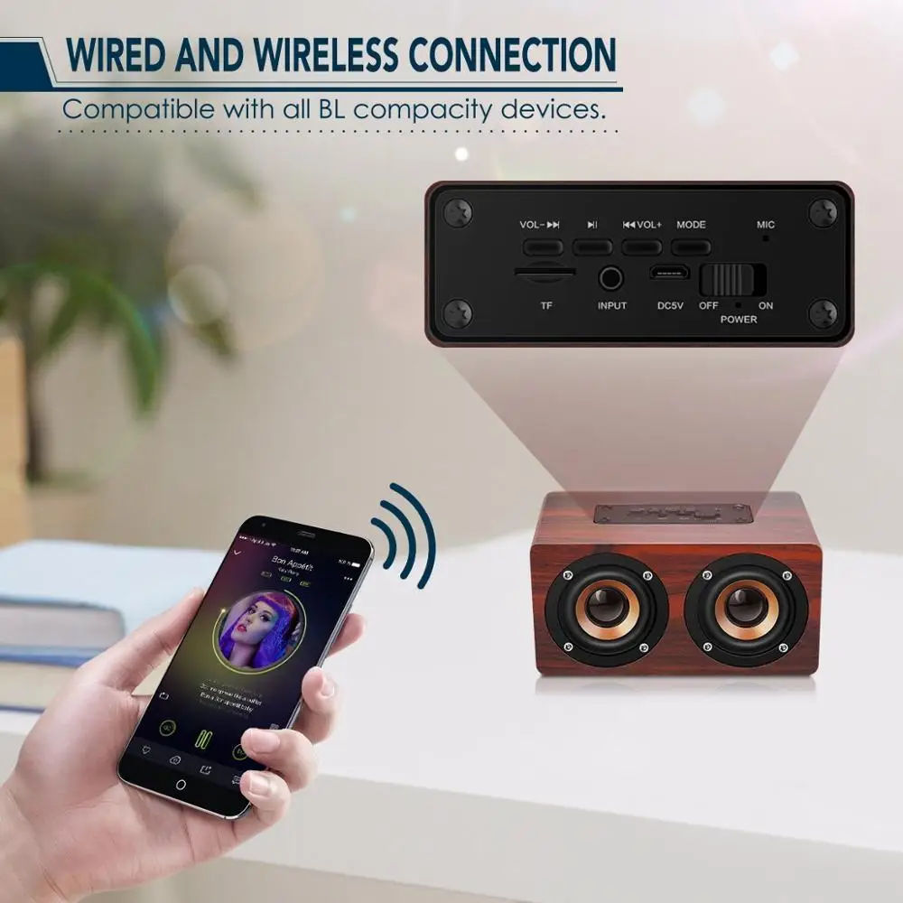 Портативный Bluetooth динамик деревянный домашний HiFi двойной бас громкий s с