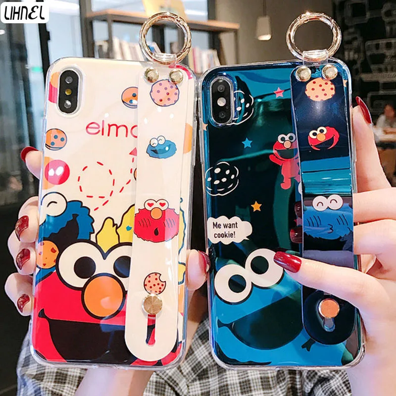 

Elmo Cookie Monsters Wrist Strap Hand Band Bracket Cover for iPhone 6 6SPlus 7 8Plus X XS Max XR Etui for OPPO Reno Coque Fundas