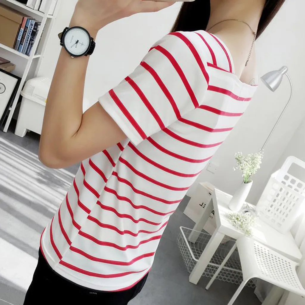 Красивая летняя полосатая VogueTshirt для женщин с коротким рукавом, Облегающая рубашка с квадратным вырезом, женская уличная одежда