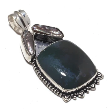 

Bloodstone + Biwa Pearls Pendant Silver Overlay over Copper , 60 mm , P7436