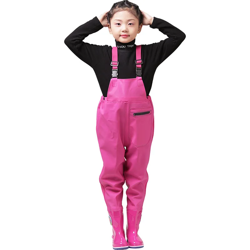 Fishing Chest Waders with Boots for Kids Outdoor Activities PVC Rain Pants + Waterproof Bootfoot Max Foot 22cm(8.65in) children boots