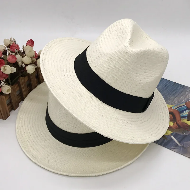 202102-fcm-10 new summer milk white solid handmade paper grass  holiday  fedoras cap men women leisure panama jazz hat packable fedora