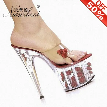 

Rose Flower Transparent Crystal Wedding Shoes 15cm High Heels Round Heels 6 Inch Platform Party Shoes Bridal Shoes Chinelos Pvc