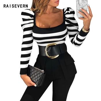 

Sexy Deep Square Neck Striped Rib Knit T-Shirt Puff Sleeve Black White Slim Fit Women Long Sleeve Casual T Shirt Drop Shipping