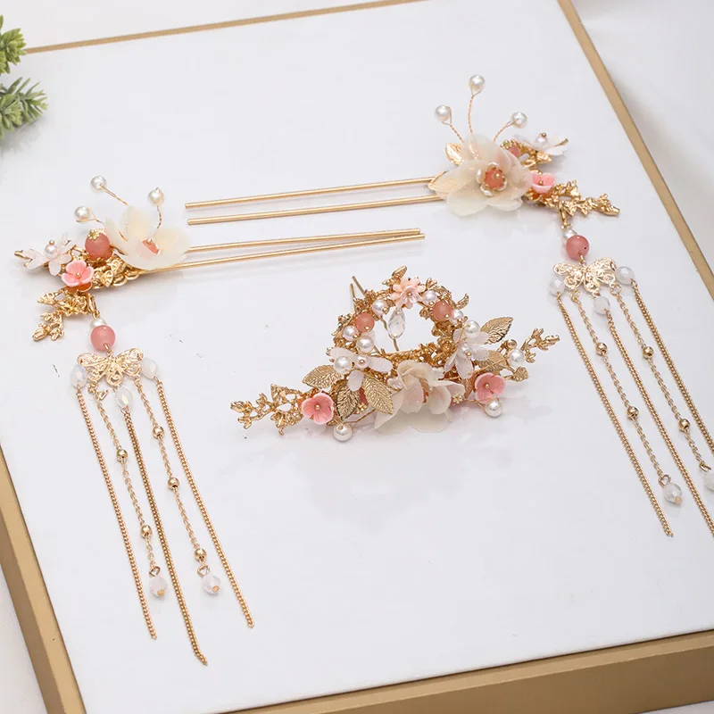 Bridal Headwear Ancient Hanfu Hair Sticks Tassel Step Shake Flower Hairpin Haircomb Set Girl Gift Chinese Wedding
